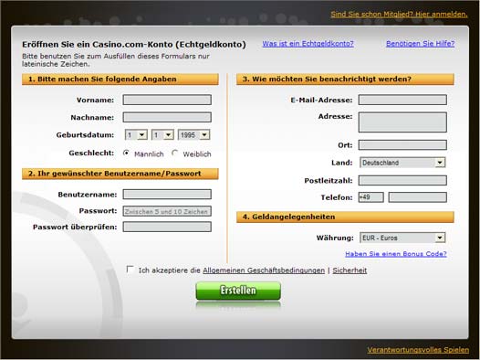 Online Casino Anmeldeformular